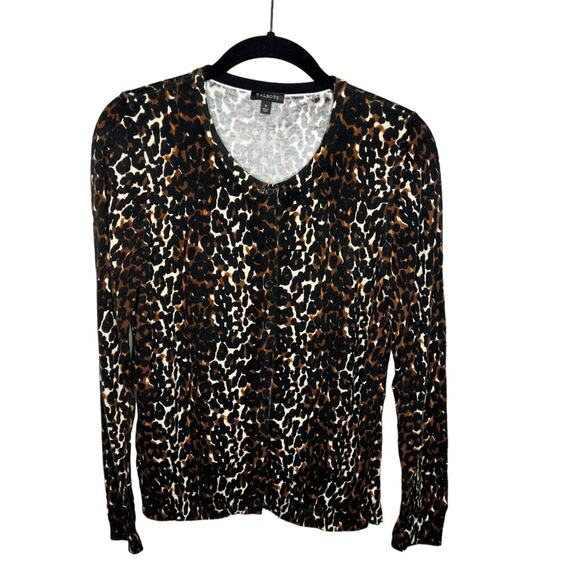 TALBOTS / brown black leopard cheetah print button up cardigan sweater / S - Picture 1 of 6